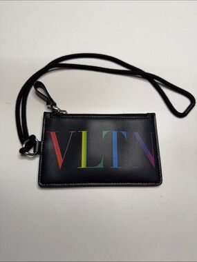 Valentino Black Leather VLTN Rainbow Logo Cardholder with Strap